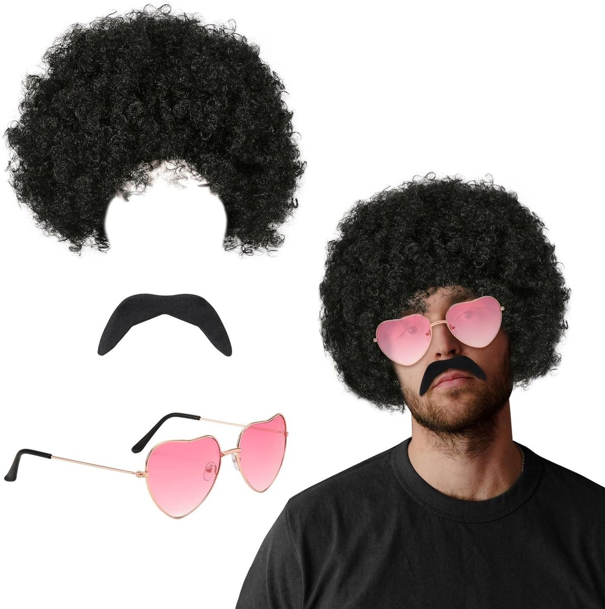 Funky Afro Peruk, Retro Hippie Haaraccessoires en 70s Kostuumaccessoires voor Feestjes en Themadagen (Set van 3)