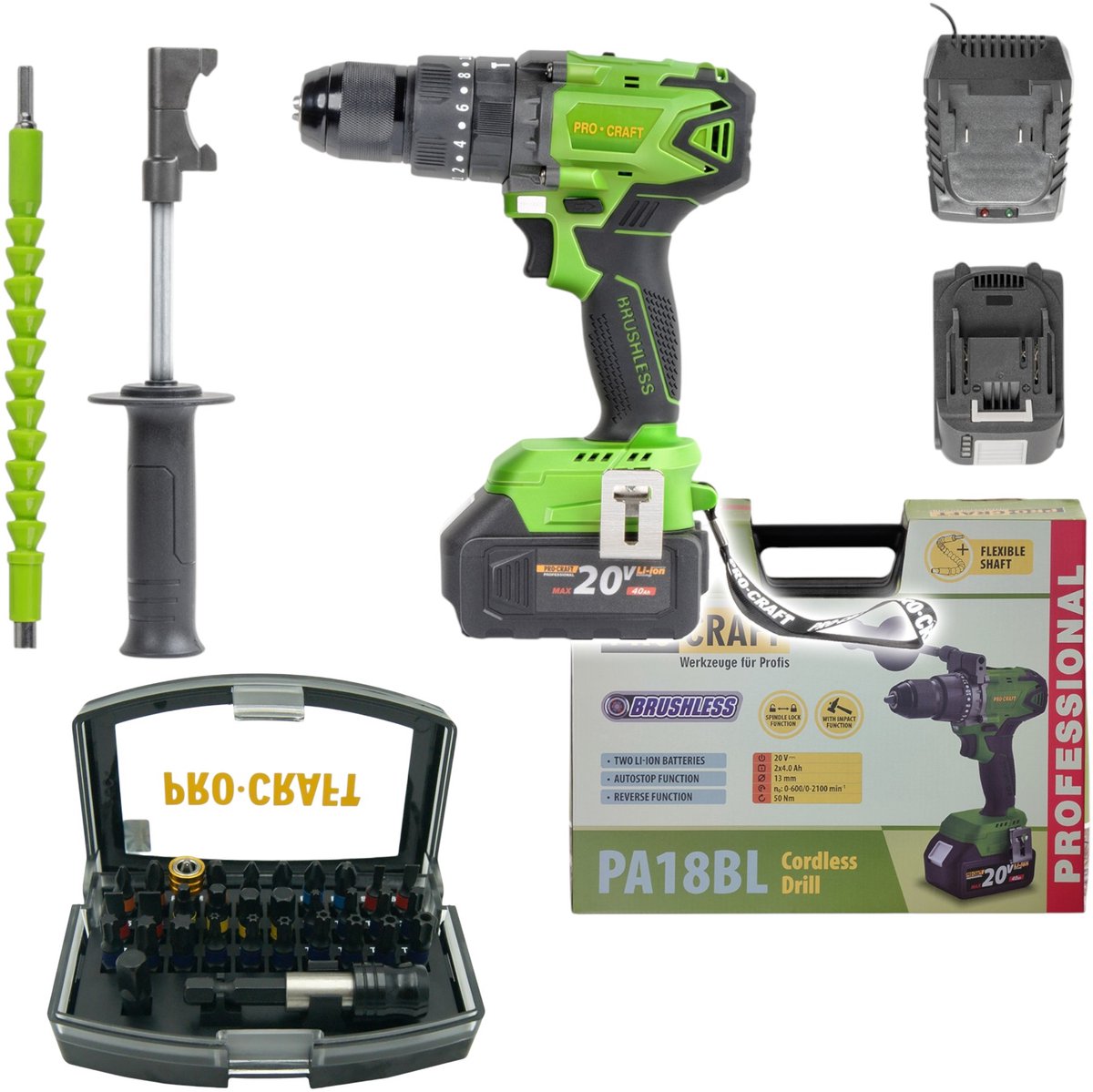 Procraft PA18BL accu-klopboormachine 20 V 50 Nm borstelloos + 2x accu 4,0 Ah + oplader + koffer