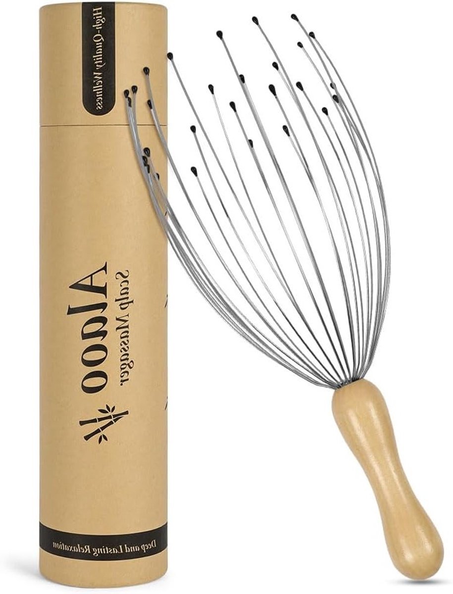 Premium Hoofdmassager met 28 Vingers voor Diepe Ontspanning en Stressverlichting, Draagbaar Massagehulpmiddel met Houten Handvat