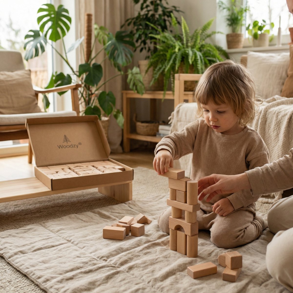 Woodzy Houten Blokkenset 60 Delig – FSC® Gecertificeerd – Montessori Speelgoed – Educatief Speelgoed 3+ Jaar – Naturel Hout – Grote Bouwset – Cadeau Kinderen — afbeelding 2