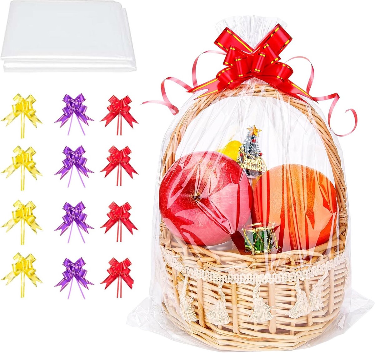 Extra grote heldere cellofaan verpakking, 12 stuks, voor manden en geschenken, inclusief 12 strikken, ideaal voor kerst en verjaardagen