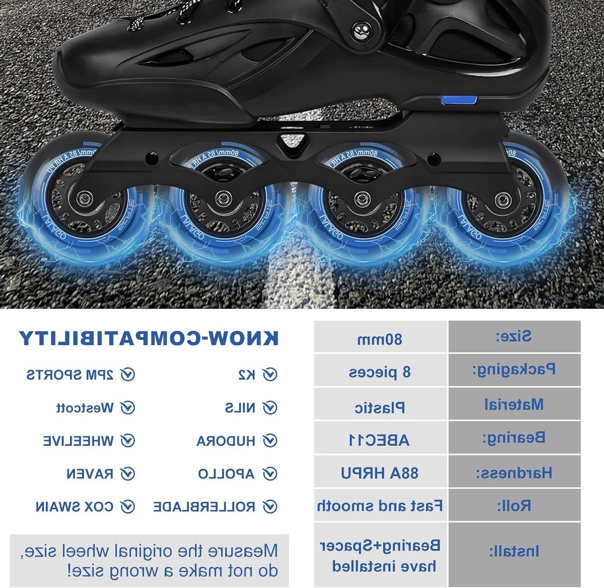 Inline Skate Wielen 80mm 8 Stuks 88A Hardheid Met ABEC 9 Lagers voor Binnen en Buiten Gebruik Blauw
