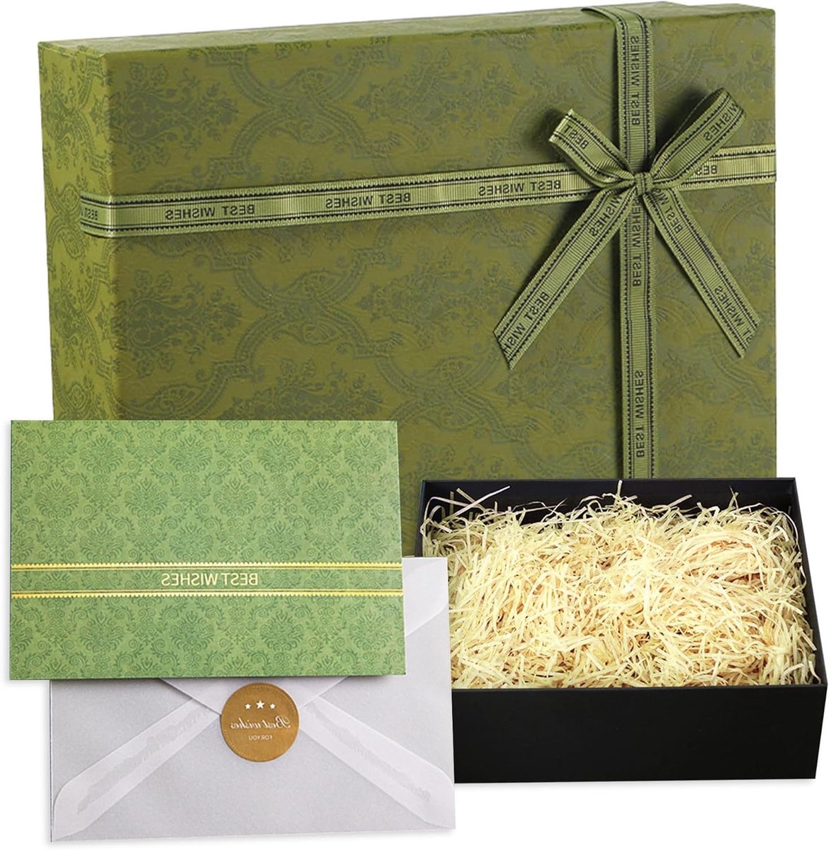 Grote groene geschenkdoosset 33 x 25 x 10 cm met deksel, zijdepapier en wenskaarten voor Kerst, verjaardag en trouwdag