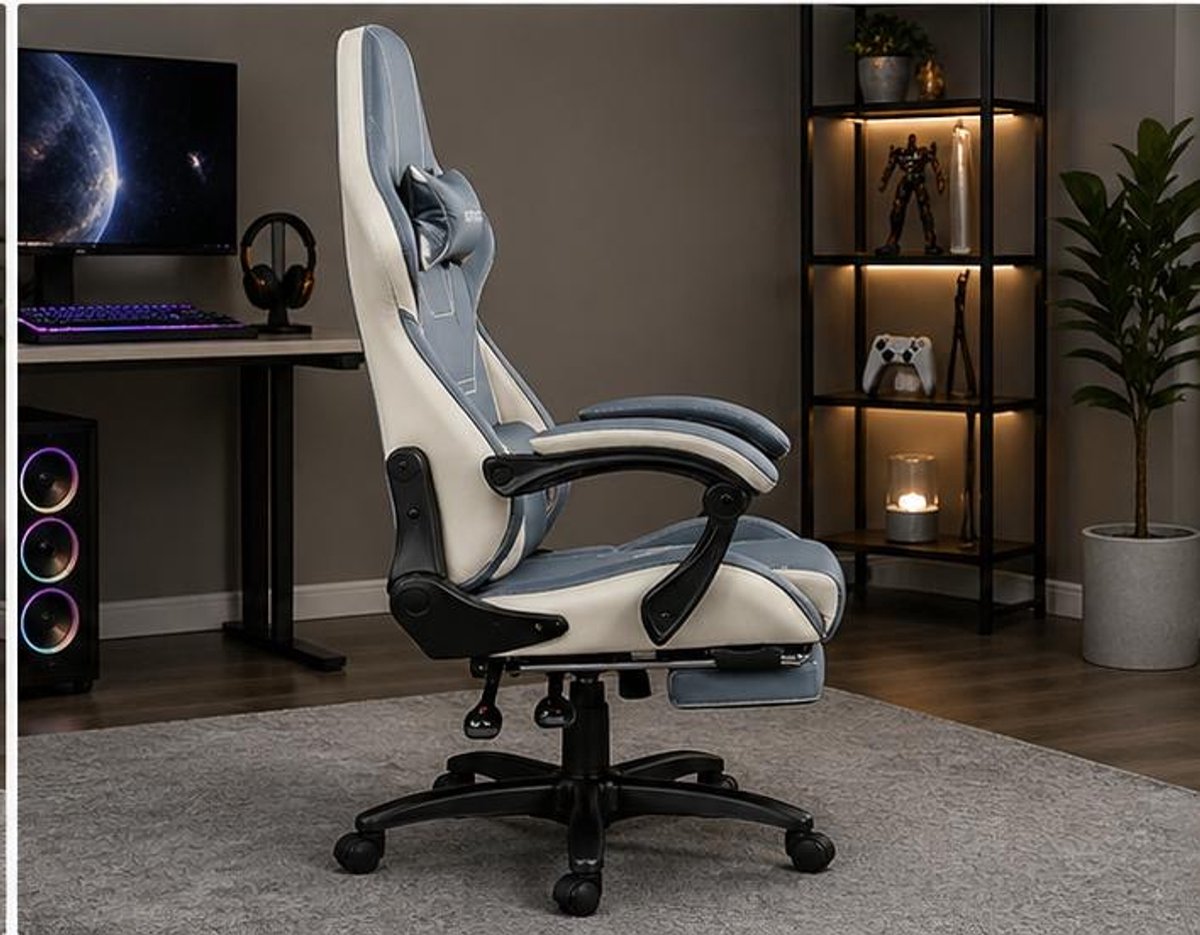 Gaming stoel ergonomisch met voetsteun verstelbaar 90°–155° – bureaustoel gamer met massage lendenkussen, memory foam hoofdsteun, PU-leer, 360° draaibaar, blauw – Vermissen