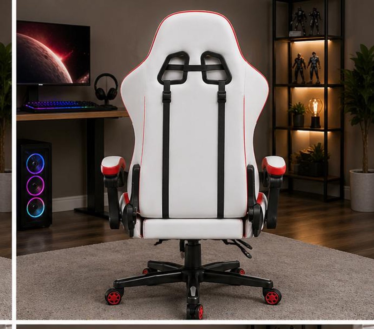 Gaming stoel ergonomisch met voetsteun 70 x 70 x 130 cm – bureaustoel met massagefunctie, verstelbare rugleuning 90°–135°, memory foam, PU-leer, 360° draaibaar, wit-rood – Vermissen