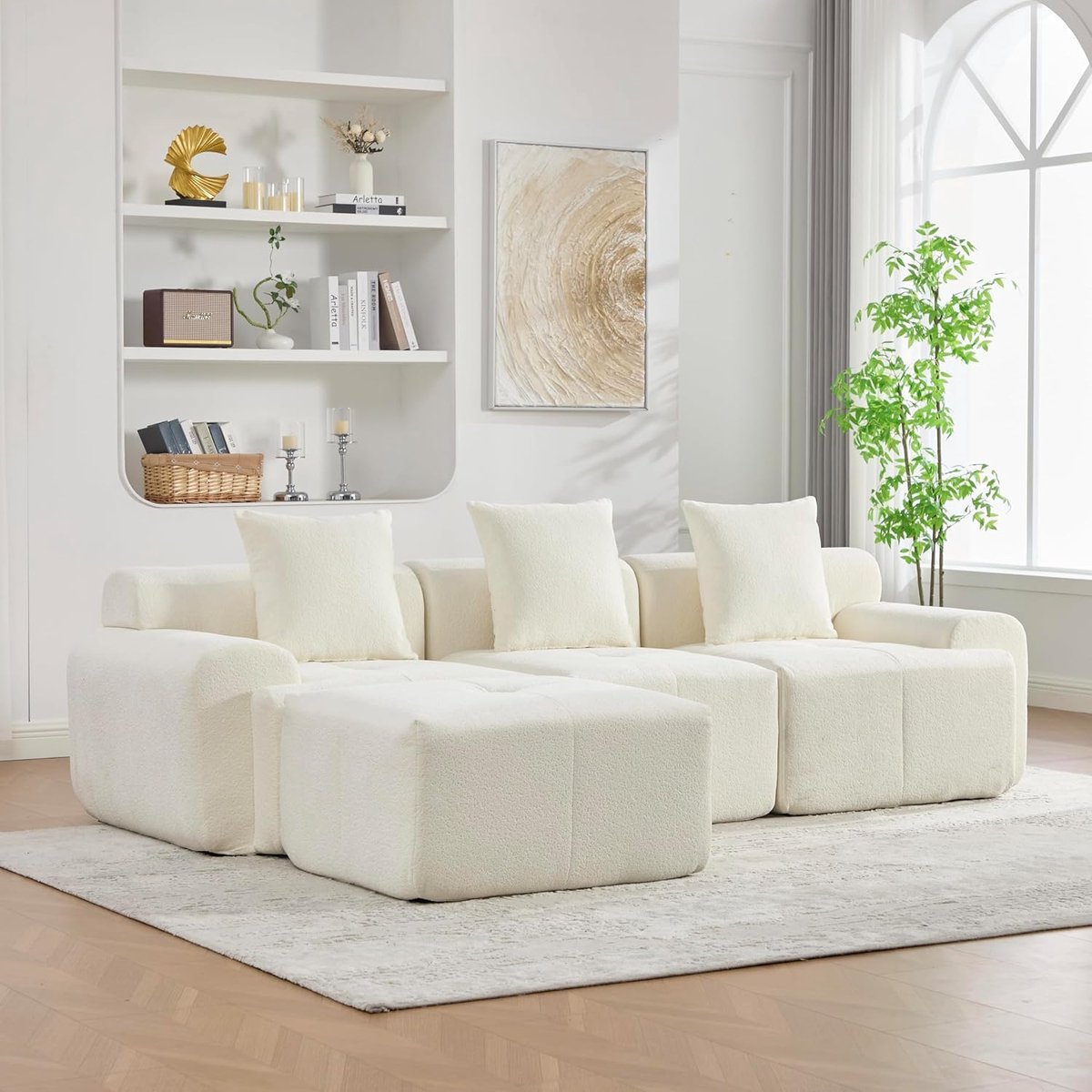 Hoekbank L-vormig Modulaire Bank 300x197x68 cm - Slaapbank met Ottoman - Diepe Zitting Corduroy Sofa Zonder Montage - Luxe Witte Woonkamerbank - Vermissen