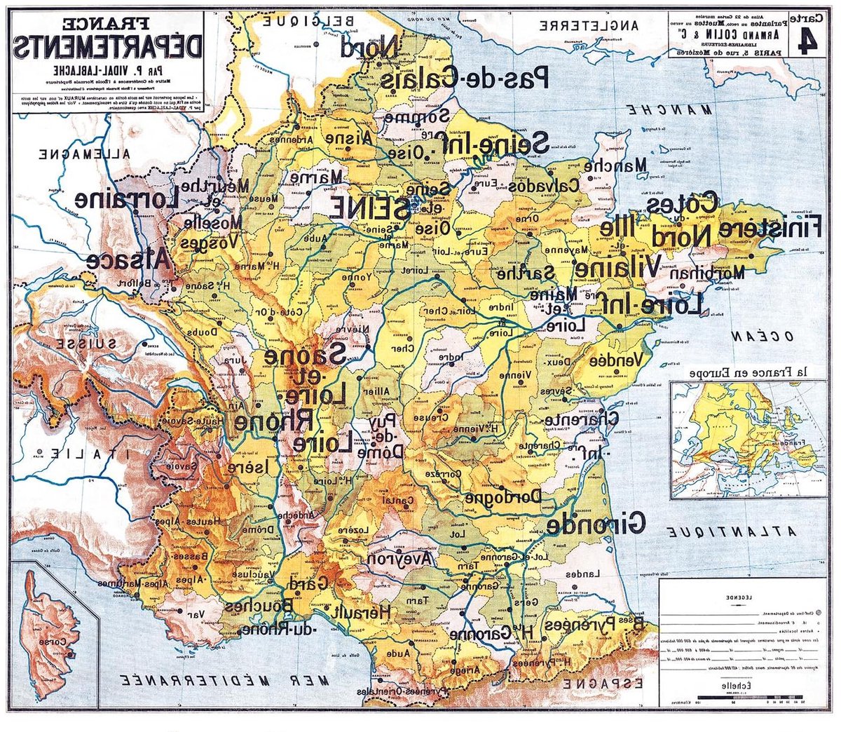 Frankrijk Departementen Kaart - Schoolkaart Frankrijk - Wanddecoratie Inrichten - Oude Schoolkaart Reproduktie - 120 x 100 cm - Meerdere kleuren
