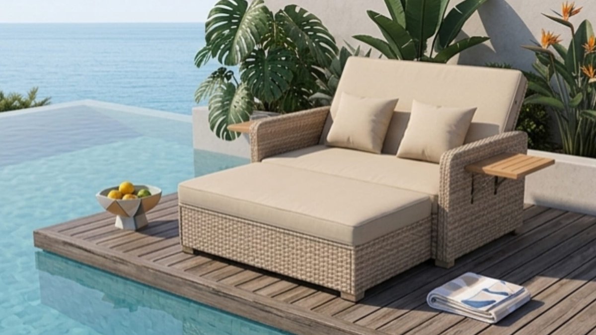 Zonneligbed 2 Personen 166x166x55 cm met Verstelbare Rugleuning en Zijplank – Polyrotan Loungebed met Kussens voor Tuin, Balkon en Terras – Beige/Grijs Gemêleerd – Urbanhome