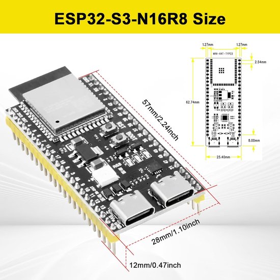 ESP32-S3 Ethernet Ontwikkelbord Met PoE – Compacte 5V 2A Module Voor IoT & Embedded Projecten – 72,8 X 21 Mm – Incl. PoE Module En Headers