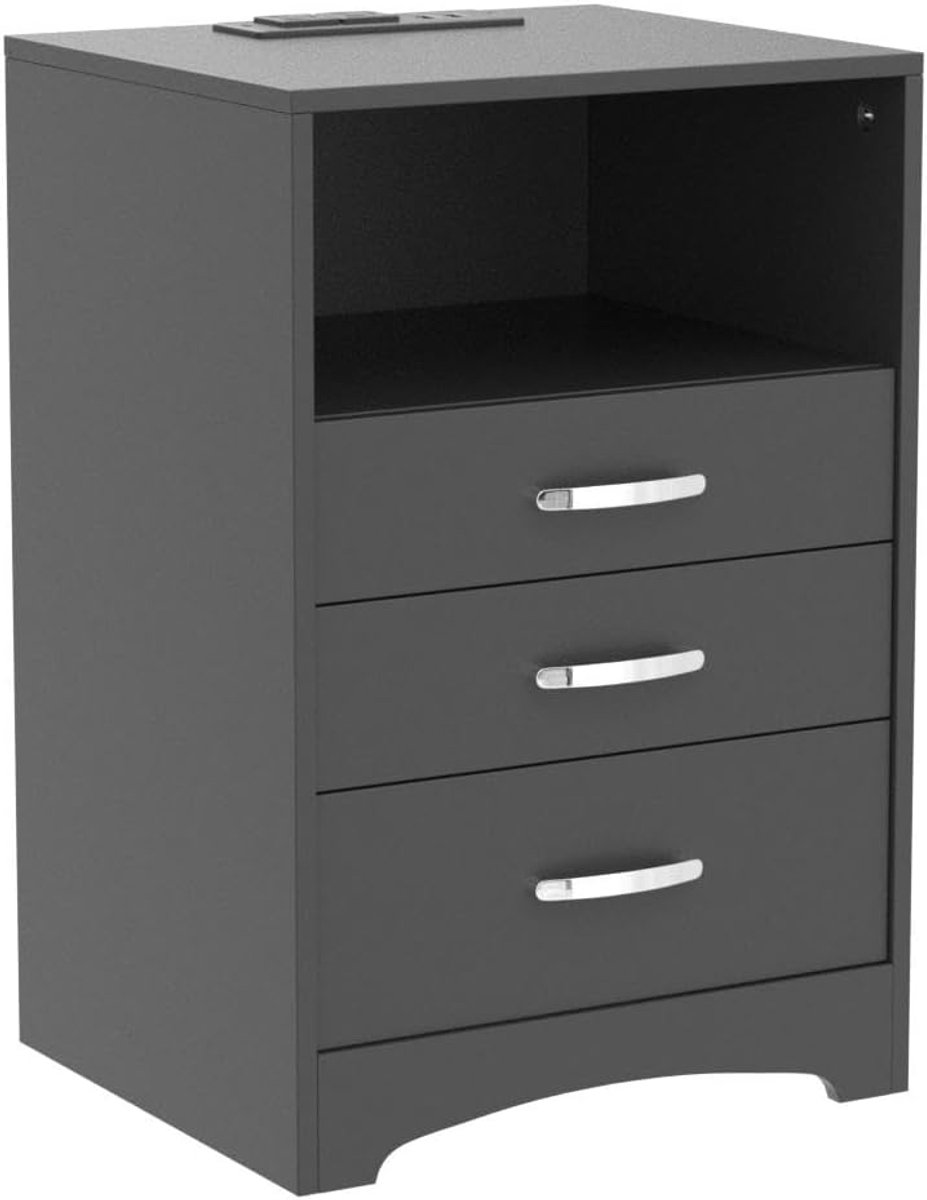 nachtkastje met 3 laden met laadstation, bijzettafel met open opslag, nachtkastje, opbergkast voor slaapkamer, zwart , VM8031