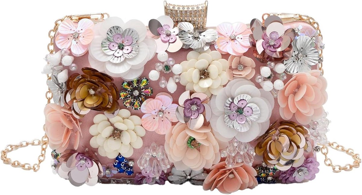 Avondtas Bloemendecor - Clutch Parelmoer - Feestelijke Gelegenheden - Verfraaid met Steentjes - 20 cm Breed - Multikleur