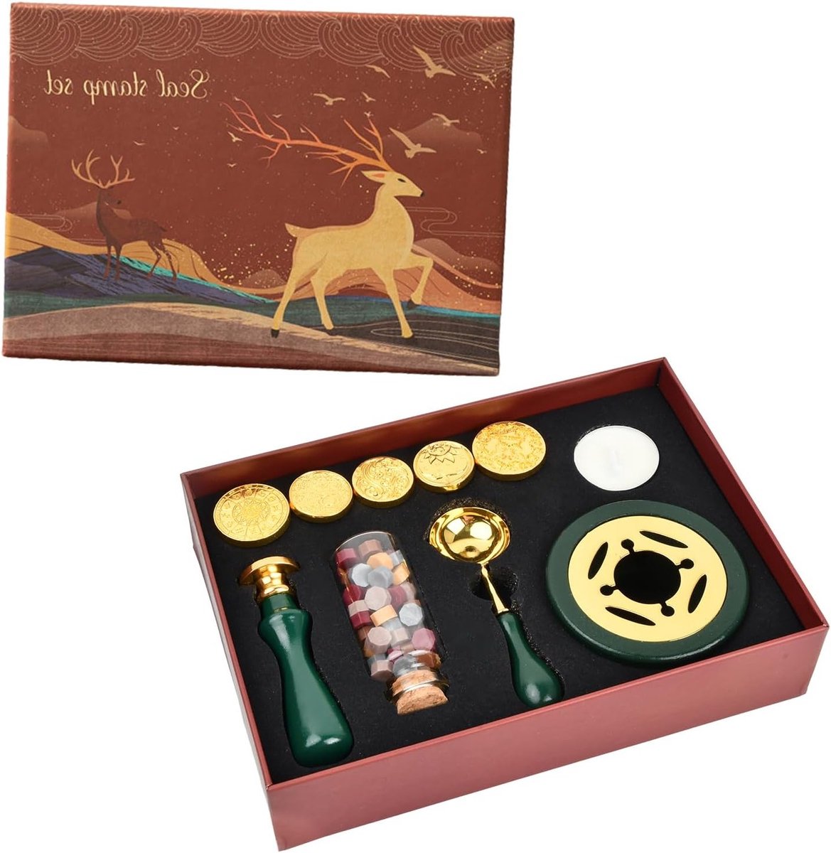 Complete Wax Seal Stempelset met 6 Stempelhoofden, Houten Handvat, Wax Kralen en Lepel voor Uitnodigingskaarten en Ambachtelijke Projecten