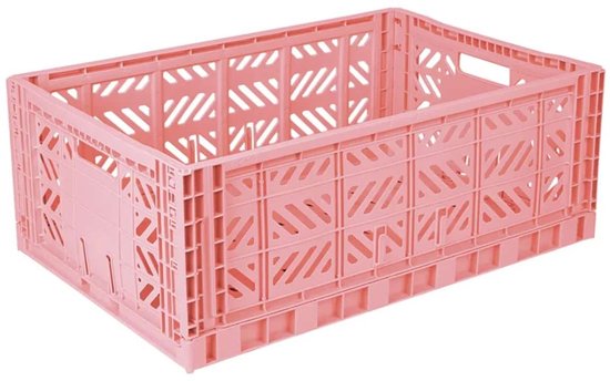 Roze opvouwbare krat met open zijkanten en een gestreept patroon.
