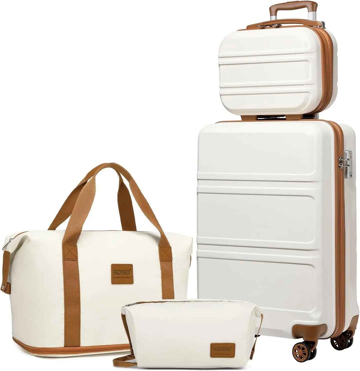 Casa Living Kofferset 4 delig - Reisset - Bagageset - Handbagage - Inclusief toilettas - 360° wielen - TSA slot - Wit en bruin