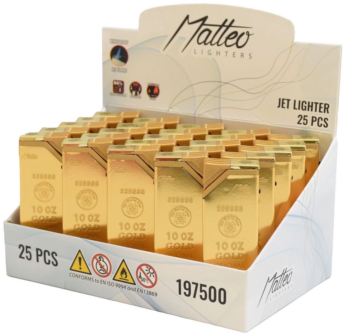 Matteo Metal Case JetFlame Navulbare Turbo Aanstekers "Goldbar" Display 25 stuks