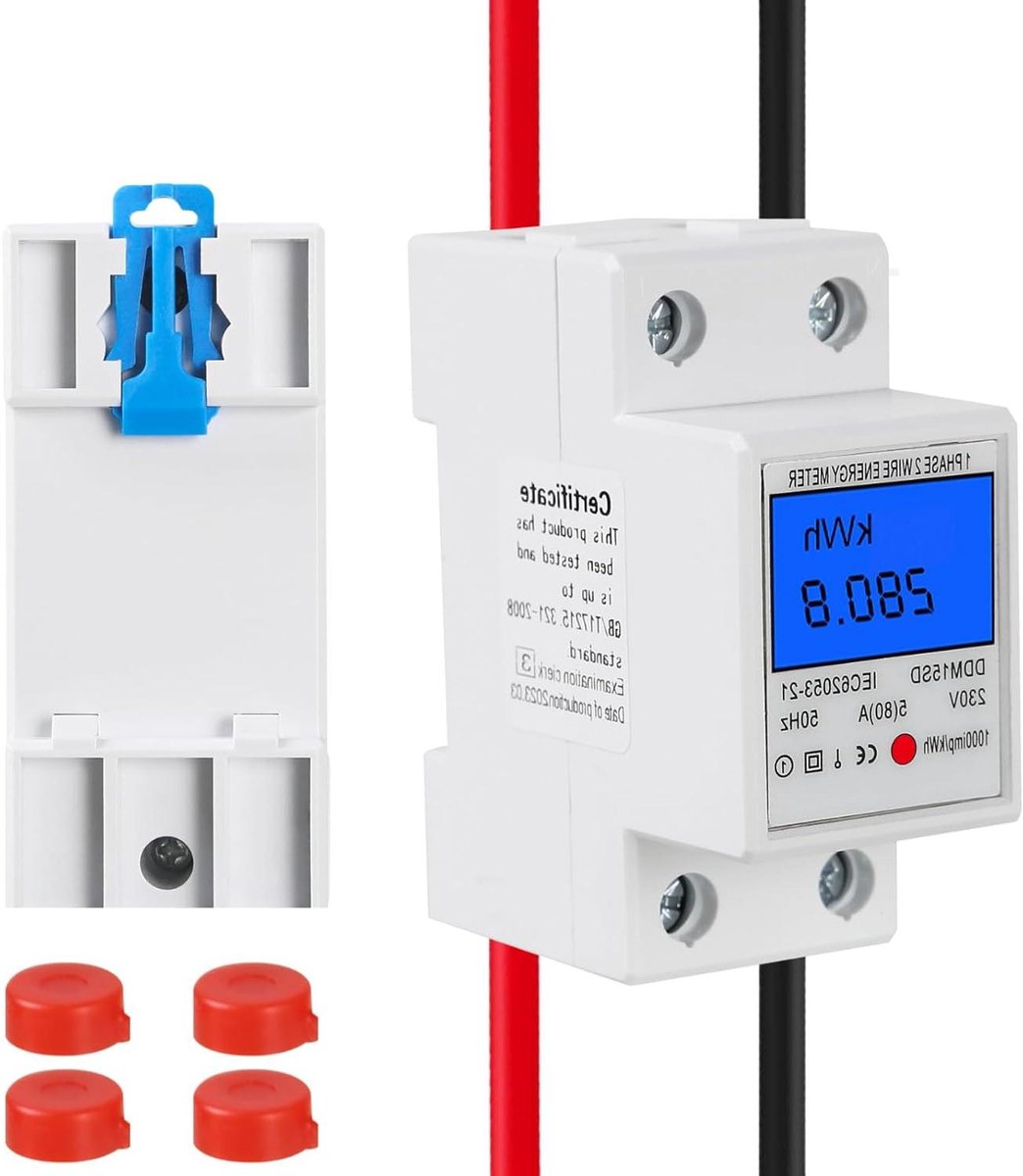 Energiemeter DIN-rail - Wattmeter KWh teller - Stroomverbruik meten - LCD met achtergrondverlichting - 5-80 A - Wit