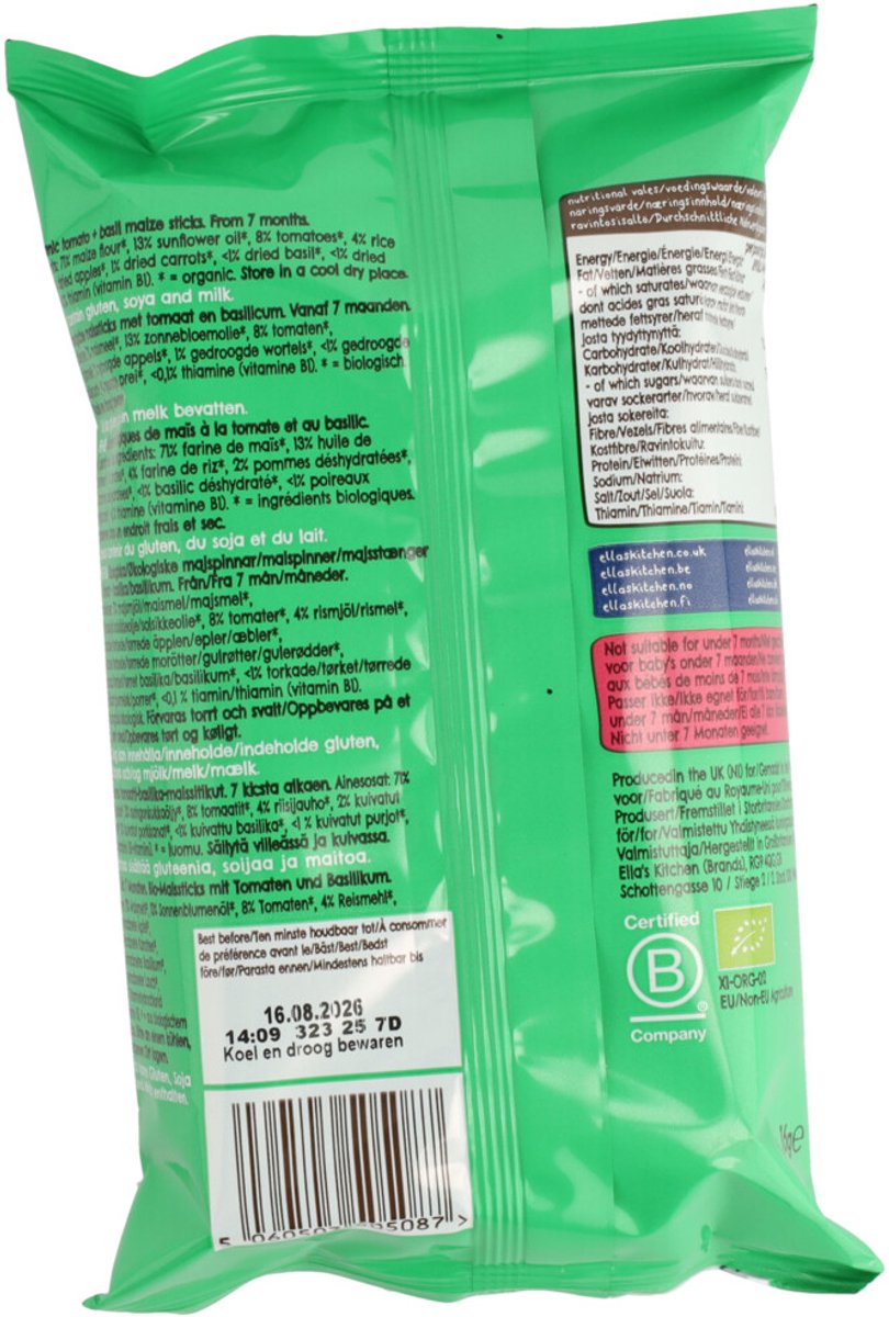 Ella's Kitchen Biologisch Mais Sticks 7+m Tomaat & Basilicum - 5 x 16 gr - Voordeelverpakking