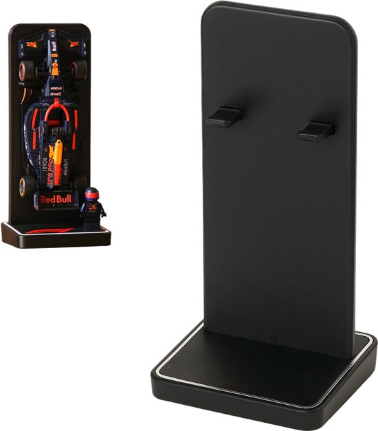 Zwarte displaystandaard met Red Bull F1 raceauto en figuur.