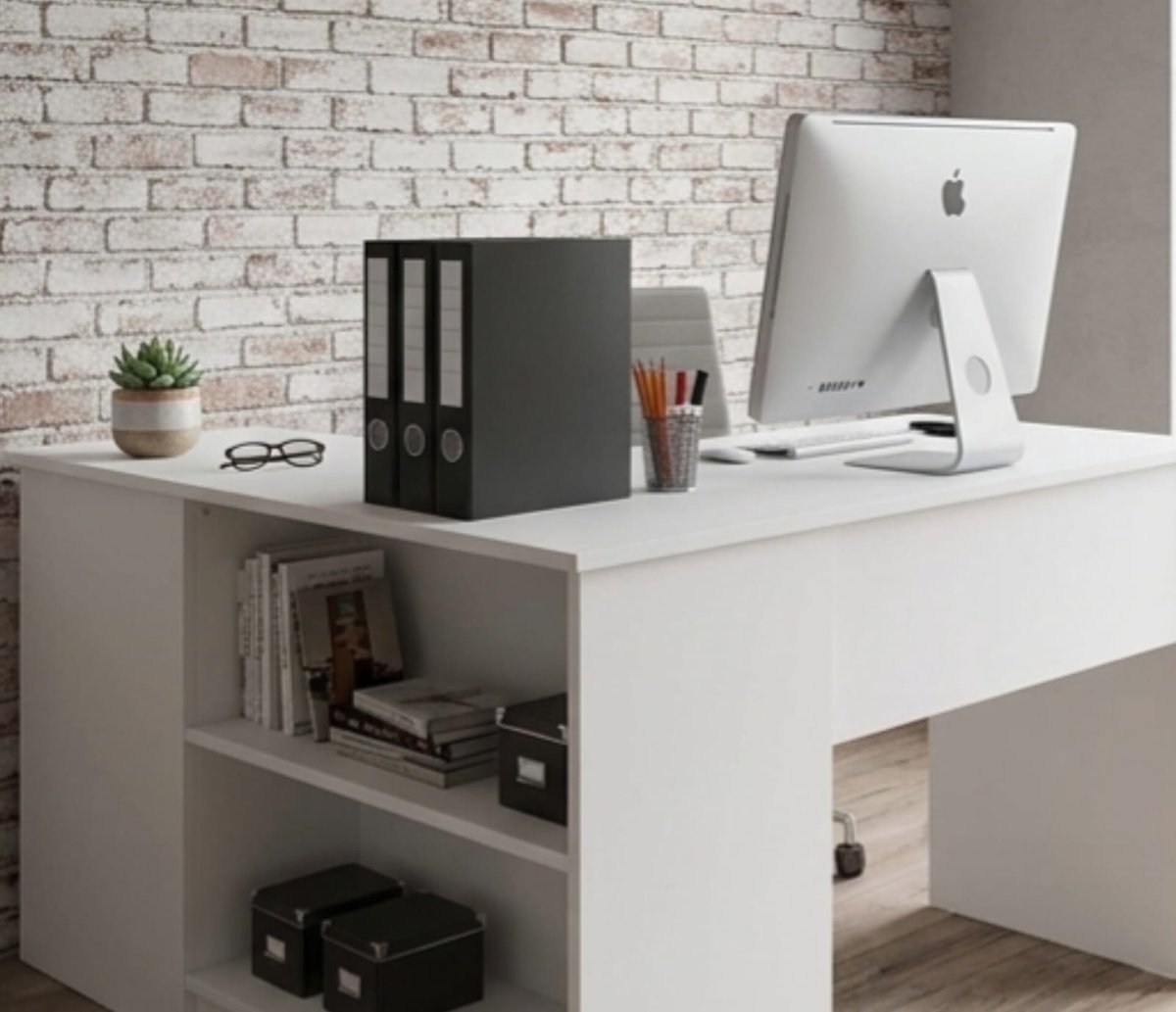 Hoekbureau L-vorm 124x85x77 cm met 3 Laden en 2 Planken – Modern Wit Bureau voor Thuiswerkplek, Computertafel, Werkbureau met Opbergruimte – Urbanhome