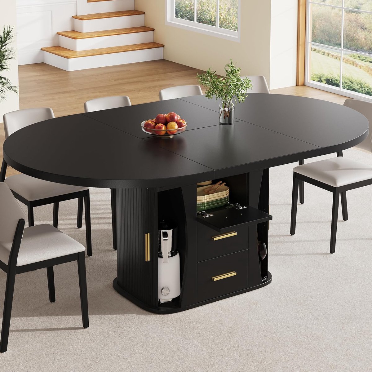 Uitschuifbare Design Eettafel 118–158 cm – Ovale Keukentafel met Opbergruimte en Schuifblad voor 4 tot 6 Personen – Moderne Multifunctionele Dining Table voor Keuken, Woonkamer en Thuiswerkplek