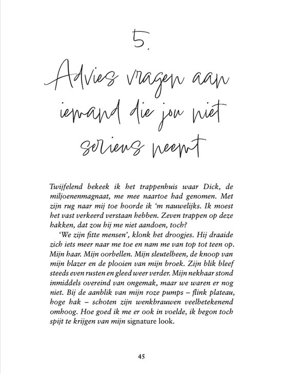 Pagina met de tekst 'Advies vragen aan iemand die jou niet serieus neemt' en een beschrijving van Alice's outfit inclusief roze pumps en hoge hakken.