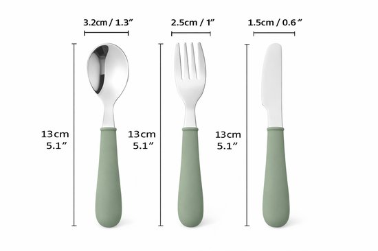 Kinder bestekset 3-delig - Lepel, vork en mes - Sage Groen - Siliconen handvat & RVS - Baby en peuter bestek - Zelfstandig leren eten - 1-4 jaar van Kinder — afbeelding 3