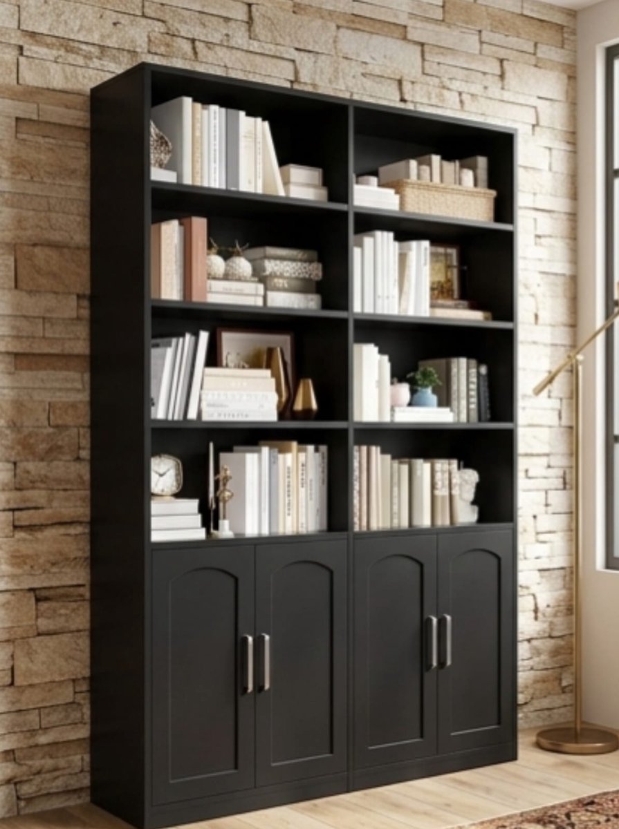 Boekenkast 115x27x185,5 cm met Deuren en 12 Vakken – Hoge Opbergkast / Vitrinekast / Kast voor Woonkamer en Kantoor – Scandinavisch Design Zwart – Urbanhome