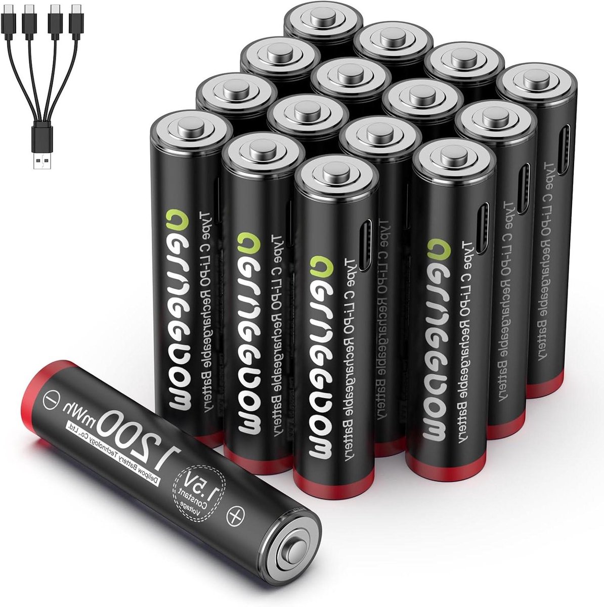 AAA Oplaadbare Batterijen - Lithium Batterijen - Apparaten Voeden - Snelladen via USB-C - 16 Stuks - Grijs