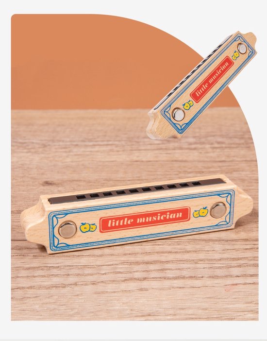 Educatief muzikaal speelgoed voor jonge kinderen: houten percussie-instrumenten (trommels, castagnetten) en mondharmonica's — Montessori-educatief speelgoed voor kinderen — afbeelding 3