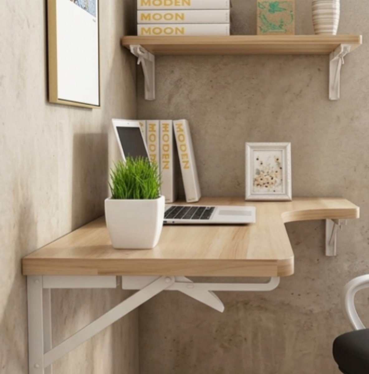 Wandbureau L-vorm 120x70 cm Wit / Licht Walnoot – Opklapbaar Hoekbureau met Plank, Ruimtebesparend Computerbureau voor Thuiswerkplek en Keuken – Urbanhome