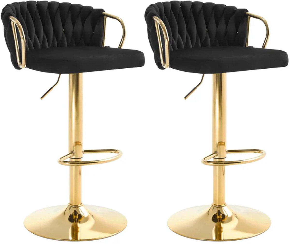 BukkitBow Luxe Velvet Barkrukken met Gevlochten Rugleuning - Set van 2 Stuks - Zwart