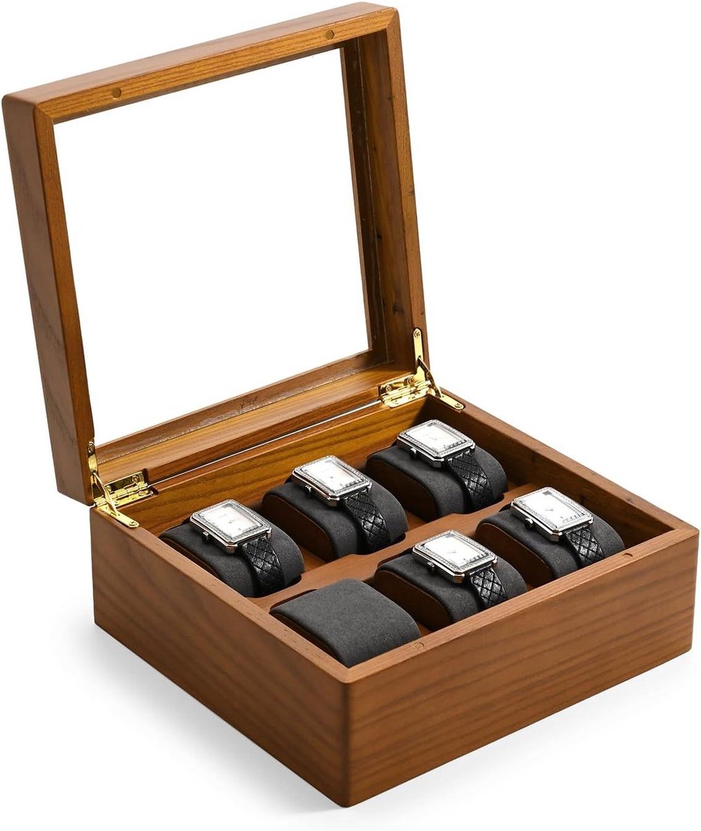 Horloge Doos - Horloge Organizer - Horloges Opbergen - Massief Houten Frame - 20 x 20 x 9.5 cm - Donkergrijs