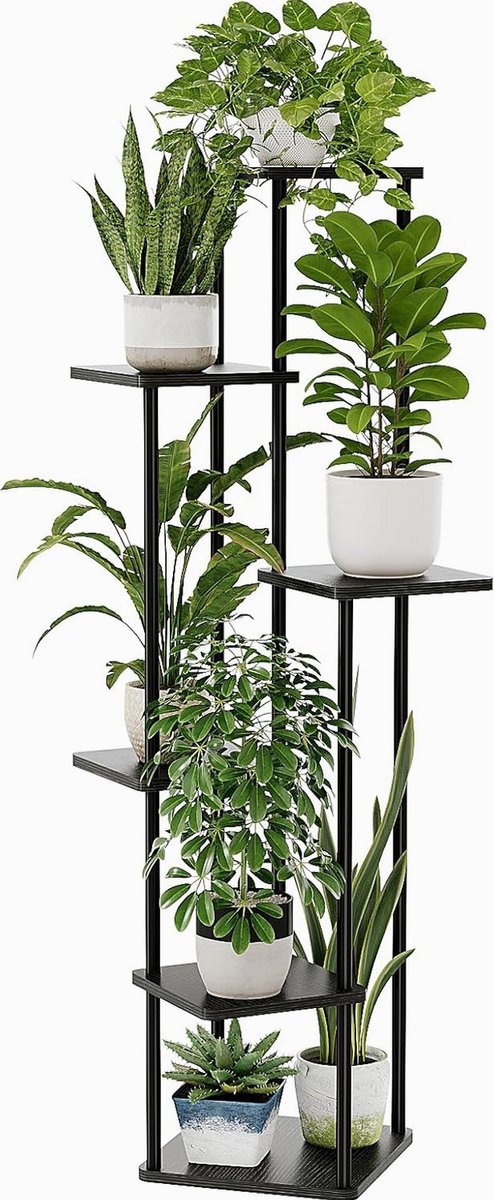Sierra, Bloemenstandaard, zwart, hoog, metalen plantenstandaard met 6 niveaus, ruimtebesparend plantenrek voor woonkamer, balkon en hoek, bloemenkruk en decoratief rek voor binnen