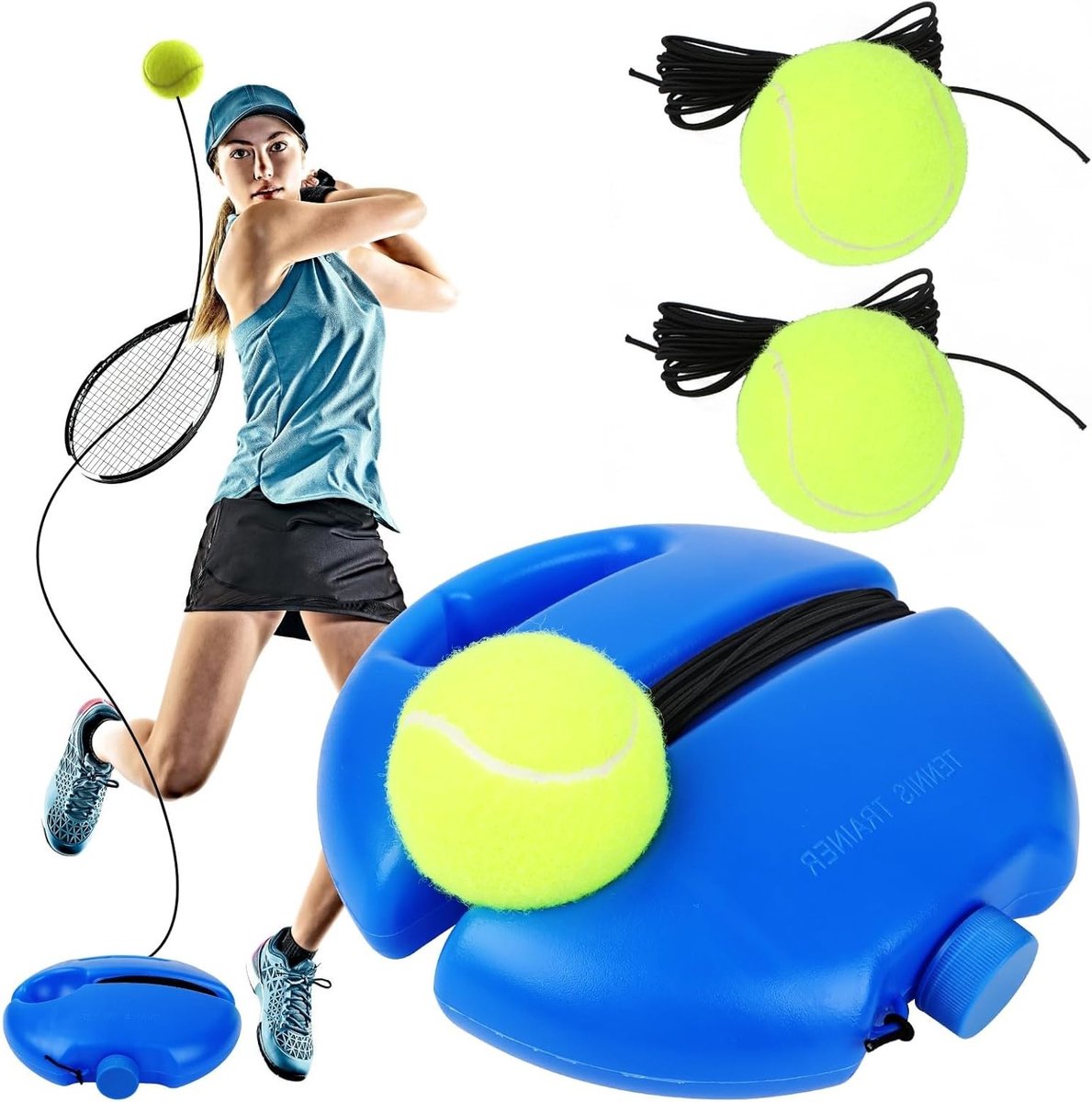 Tennis Trainer Set voor Solo Training, Inclusief Trainer Baseboard en 3 Tennisballen, Ideaal voor Volwassenen en Beginners, Perfect voor Buitenactiviteiten