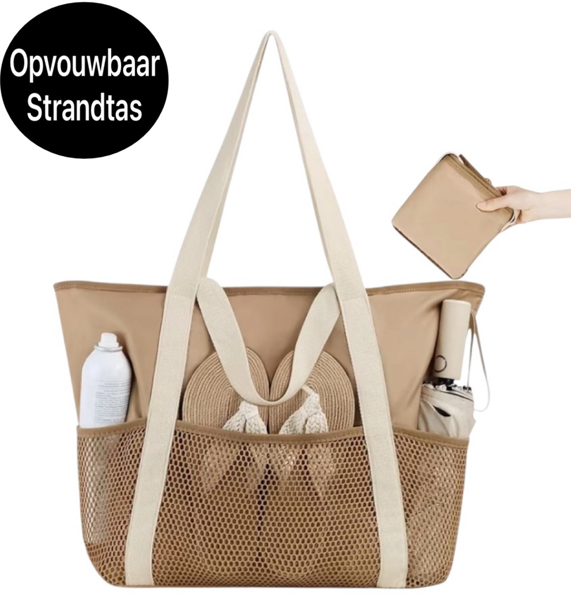 Twenty Two Grote strandtas voor dames | opvouwbaar strandtas | Tote Bag | met ritssluiting | mesh zakken | dubbel handvat | stevig materiaal | grote capaciteit | strandtas, big shopper, zwemtas, reistas |37x18x35cm| beige