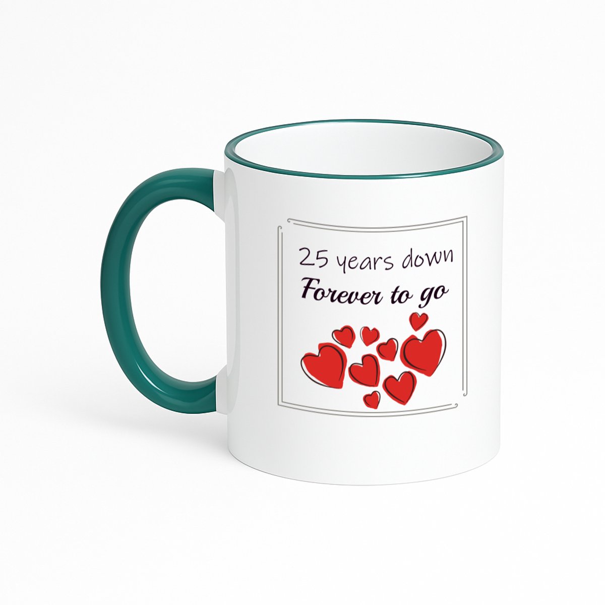 Hacebo® - 25 jaar relatie jubileum cadeau koffiebeker met gekleurde rand donker groen - Getrouwd - Geliefde - thee mok - koffie beker - 25 jaar relatie cadeau - 25 jaar samen - Cadeau Liefde - jubileum cadeau relatie - koffiemok - 330 ML
