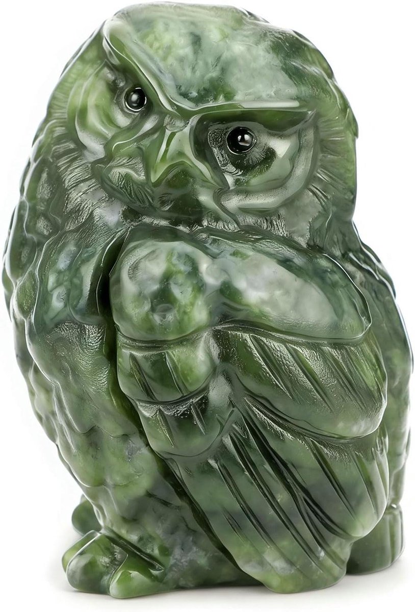Jade Uil Beeldje - Uil Ornament Steen - Huis Decoratie - Natuurlijke Jade Materiaal - 57H millimeter - Groen