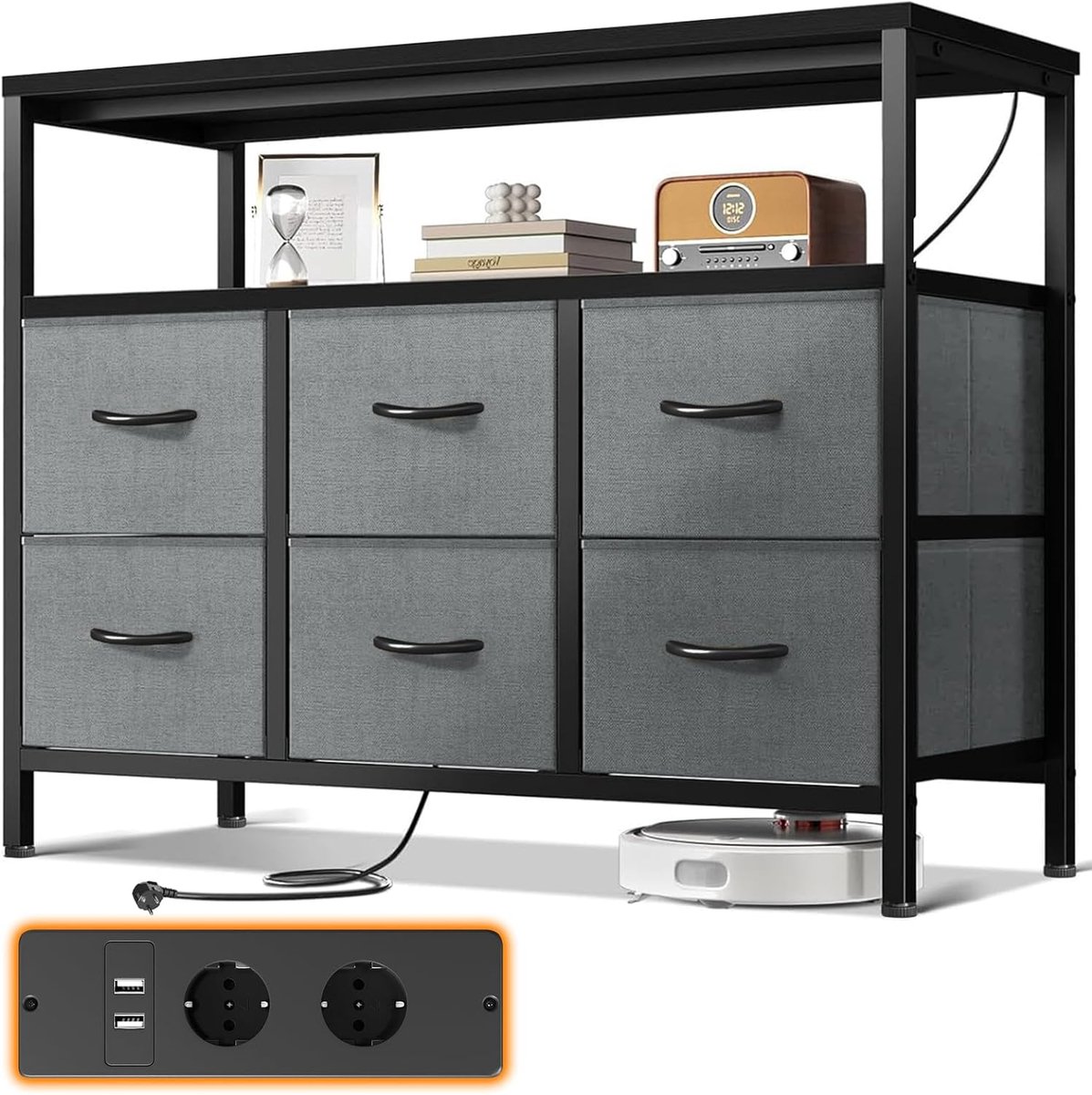 Commode met 6 Laden en Stopcontacten 100x30x85,2 cm – Ladekast met 2 USB en 2 Stopcontacten – Stoffen Opbergkast met Stalen Frame en Houten Blad voor Slaapkamer en Woonkamer zwart – Urbanhome