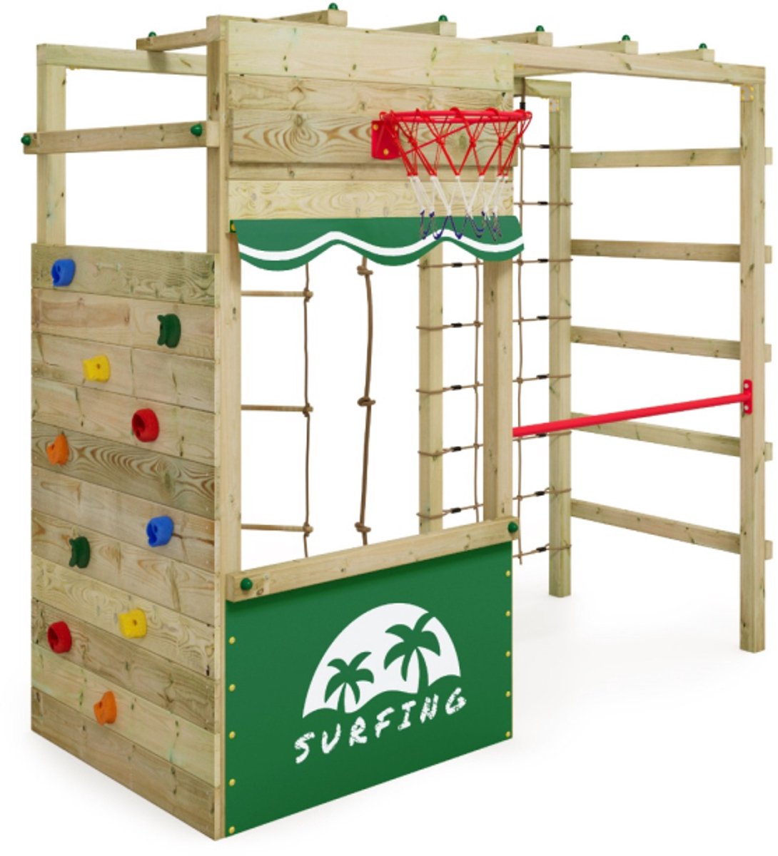 Wickey Smart Action Speeltoestel - Hangladder met Klimnet en Klimwand - Basketbalring & Winkel - 250x105x220 cm - Groen
