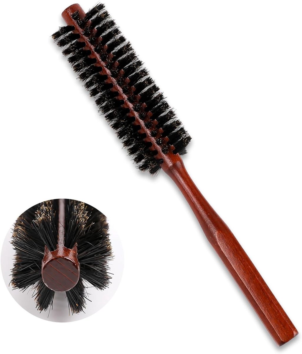 Natuurlijke Ronde Reisborstel met Houten Handvat voor Dun of Kort Haar, Volumeverhogende Mini Baardborstel voor Mannen, Perfect voor Op Reis