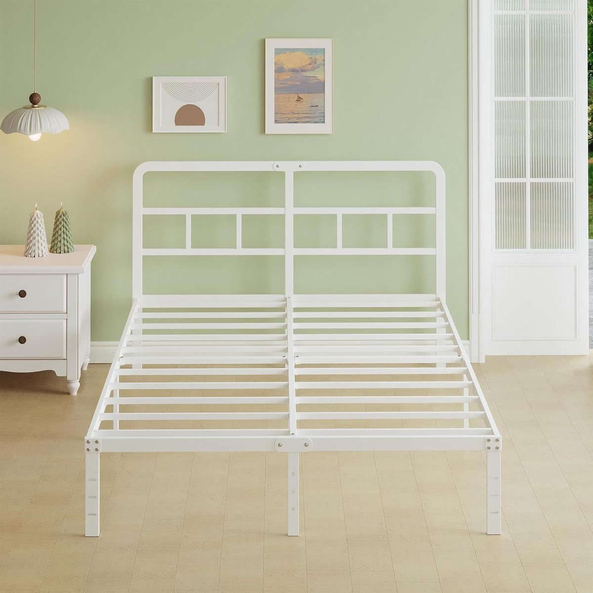 Metalen Bedframe - Dubbelbed Frame - Slaapkamer Inrichten - Gebogen Hoofdbord - 135x190 cm - Wit