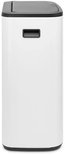 Brabantia Bo Touch Bin prullenbak met een witte buitenkant en een donkergrijs deksel. Beschikt over een handvat aan de voorkant.