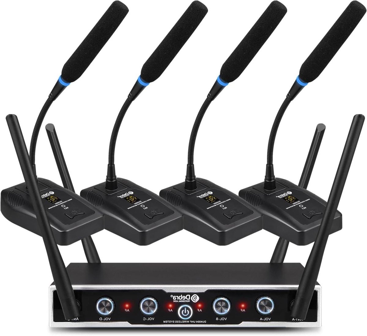 Draadloos Microfoon Systeem - Conferentie Microfoon Set - Toespraken en Vergaderingen - 4x16 Instelbare Kanalen - 80m Bereik - Zwart