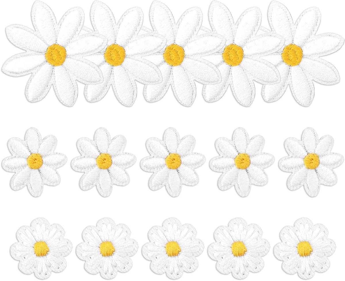 15 Stuks Daisy Bloem Strijkapplicaties in 3 Maten, Schattige Borduurpatches voor Kleding, Tassen en Schoenen