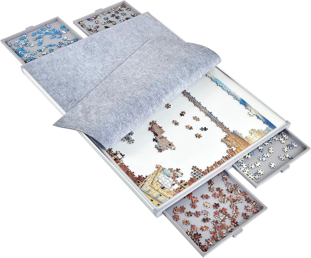 Puzzelbord met Laden - Puzzeltafel Puzzelmat - Puzzels Sorteren Opbergen - Lichtgewicht Aluminium Kunststof - 89 x 66 cm - Grijs