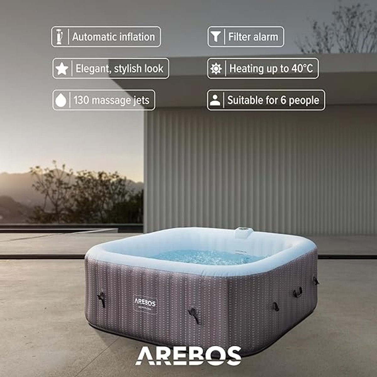 Luxe Rattan Opblaasbare Spa Jacuzzi 185x185x65 cm – 6 Personen | 130 Massagejets | 910L Capaciteit | 2400W Verwarming tot 40°C | Inclusief Afdekking & Automatische Inflatie