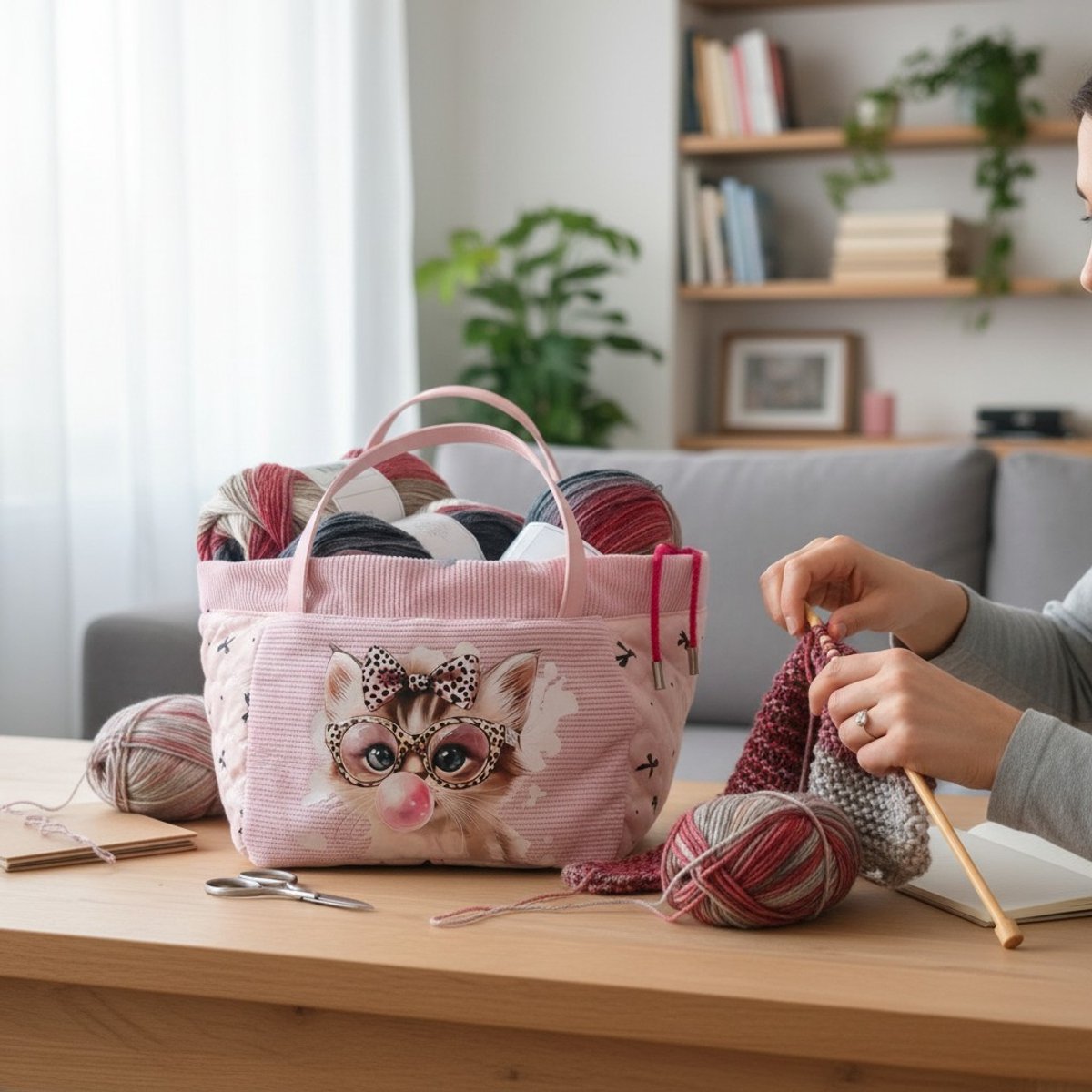 Breitas - haaktas - wolopberger - tas voor wol - tas voor haakspullen - tas voor breispullen - handgemaakt - Opvallende Kleurrijke Print - Projecttas – handgemaakte breitas – haaktas - kat