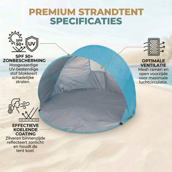 Strandtent Pop Up - Blauw - Opvouwbaar - UV 50+ bescherming - Incl. Draagtas & Haringen - Geschikt voor 2 volwassenen — afbeelding 3