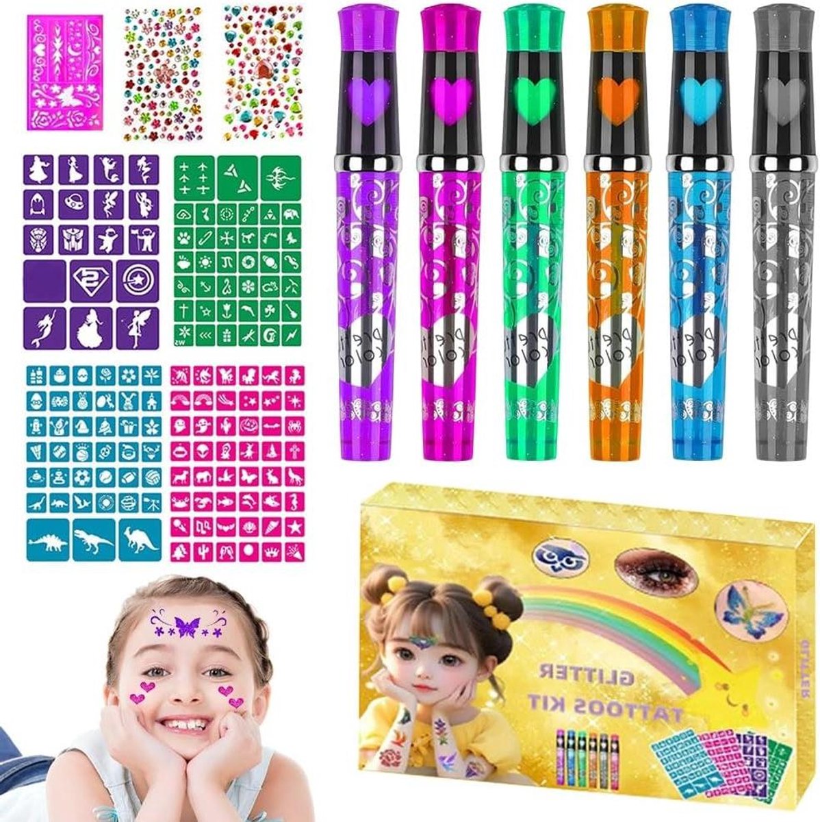 Glittertatoeages Set - Tatoeages Pennen - Kinderfeestjes Versieren - 13 Delige Set - 15.9 x 11.4 x 3.1 cm - Multicolor