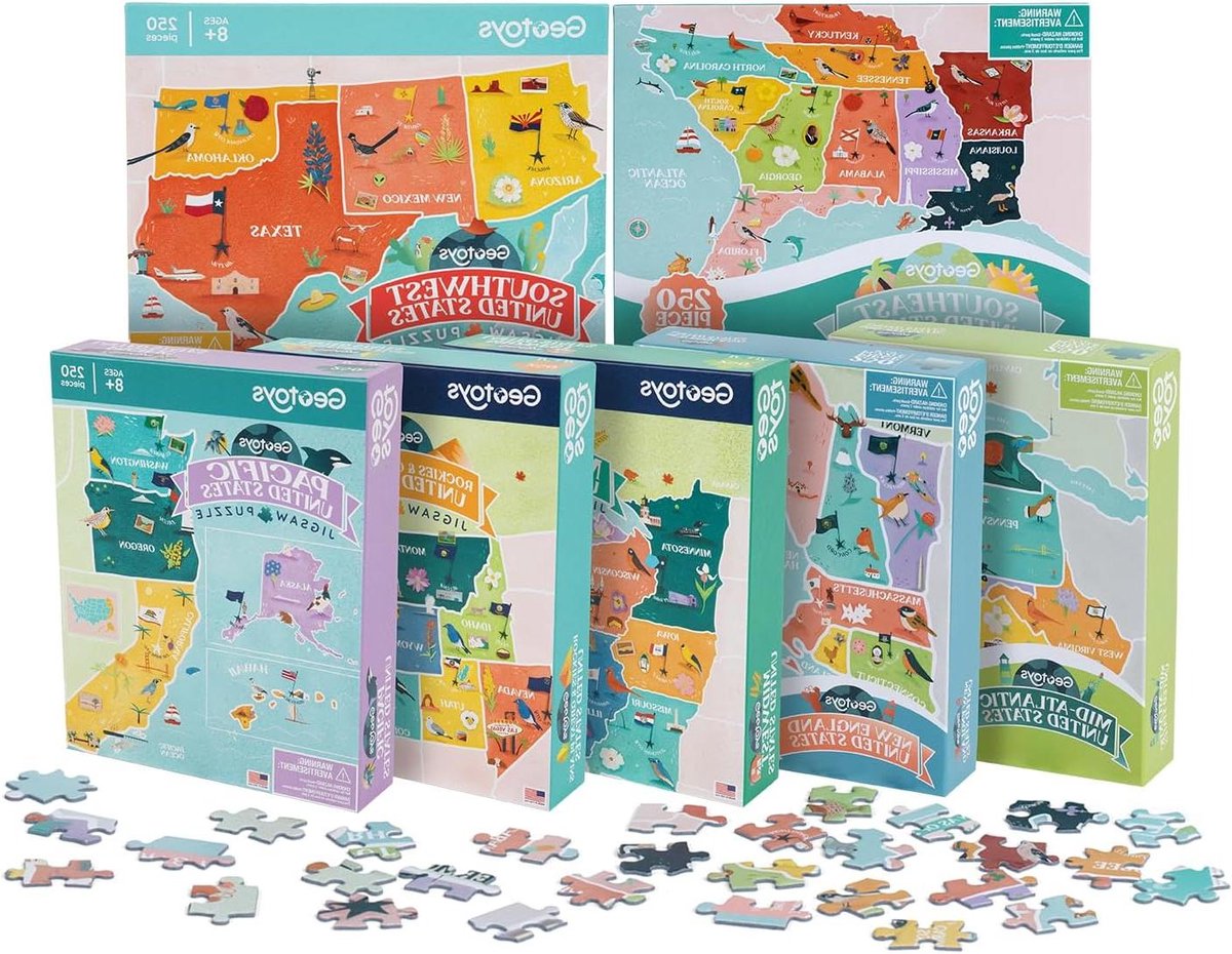 Regionale Puzzels Amerika - Kaart Puzzel Set - Geografie Leren - 7 Verschillende Regio's - 250 Stukjes Per Puzzel - Multicolor
